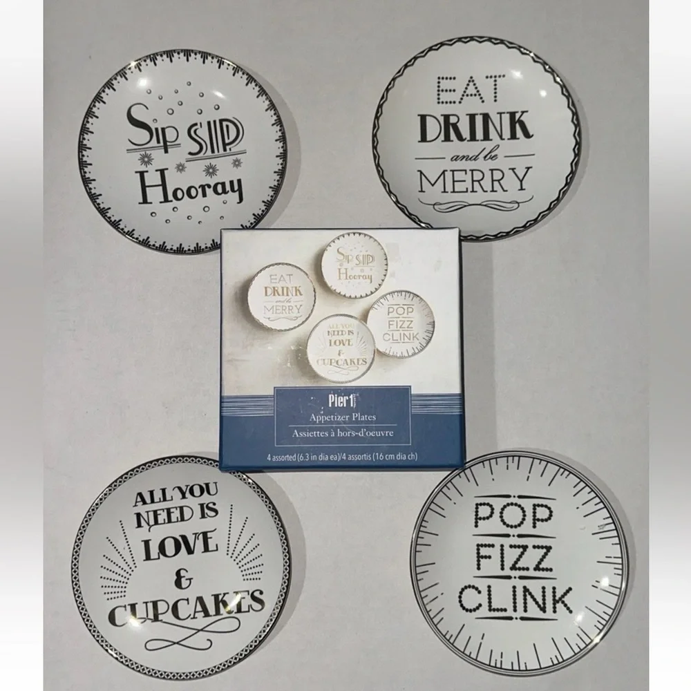 Pier 1 NEW Boxed Set of 4 Appetizer Plates CELEBRATION 6.25